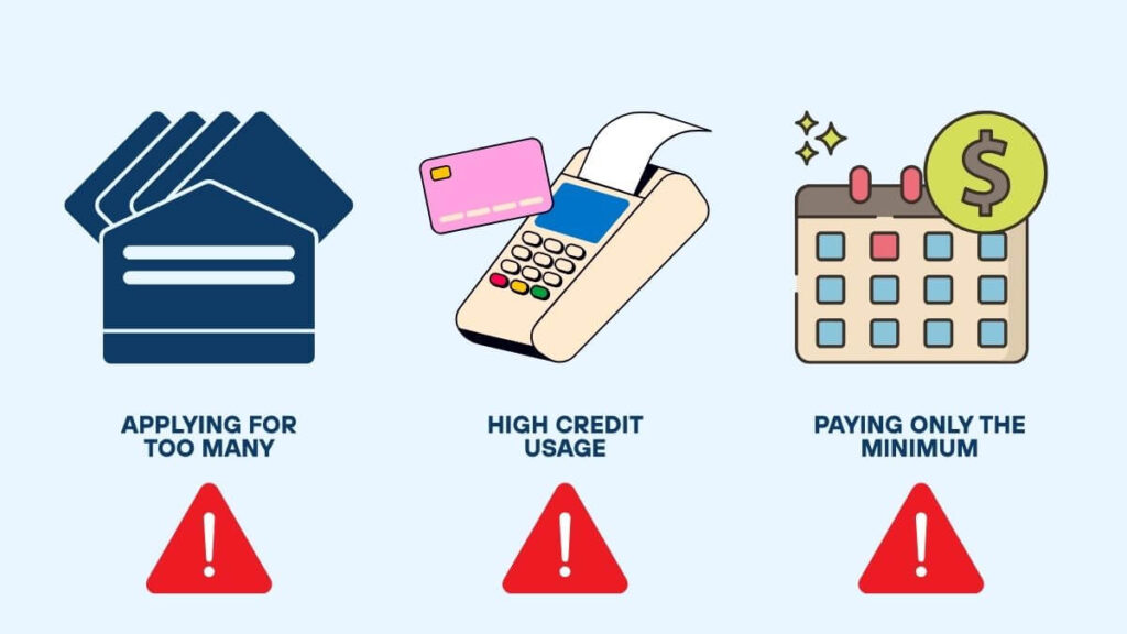 4 Proven Ways to Get a US Credit Card as New Immigrant 2 An infographic showing 3 common credit building mistakes: applying for too many cards, using too much of your credit limit, and only paying the minimum.